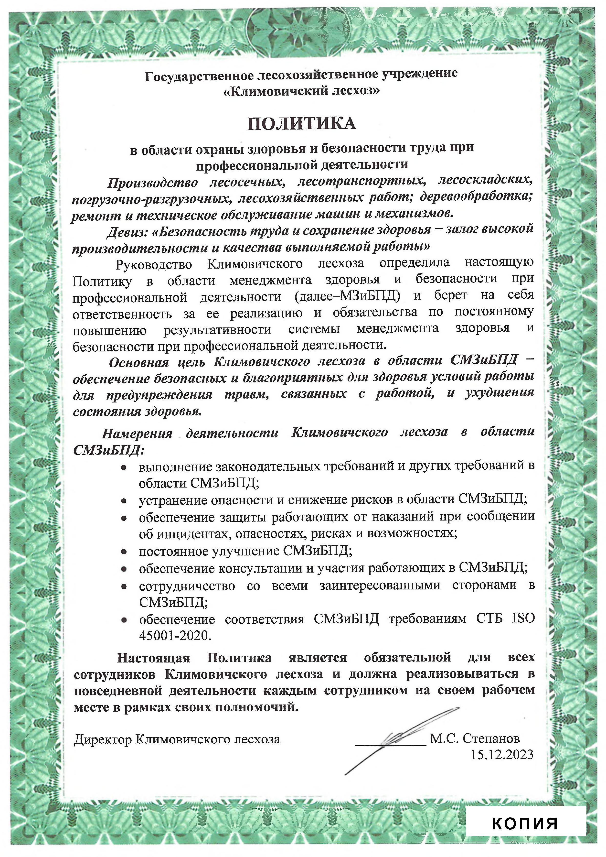 Политика в области охраны здоровья и безопасности труда при профессиональной деятельности